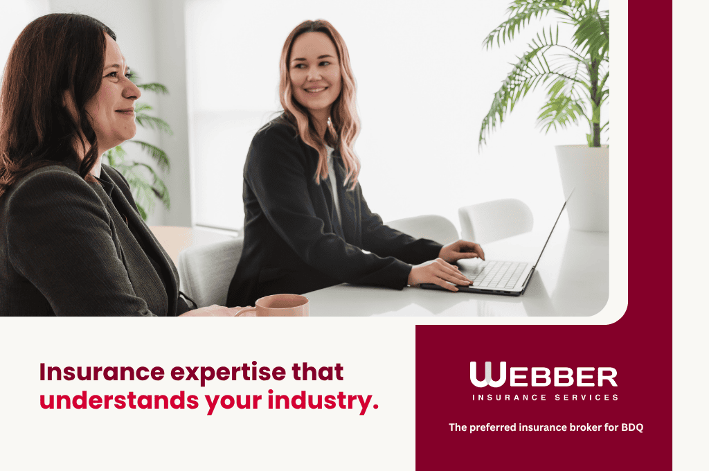 Two Webber Insurance Services advisers in a meeting, beside the Webber Insurance Services logo and the line: insurance expertise that understands your industry.